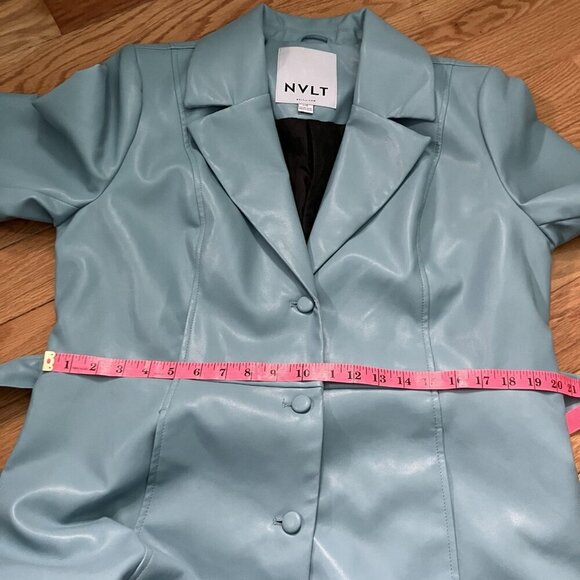 NVLT Vegan Trench Coat Womens L Blue Faux Leather Lined Contemporary - Picture 11 of 12